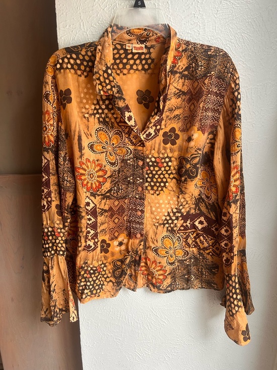 Tianello Tops - Tianello boho bell sleeve neutrals silk blouse Size XL